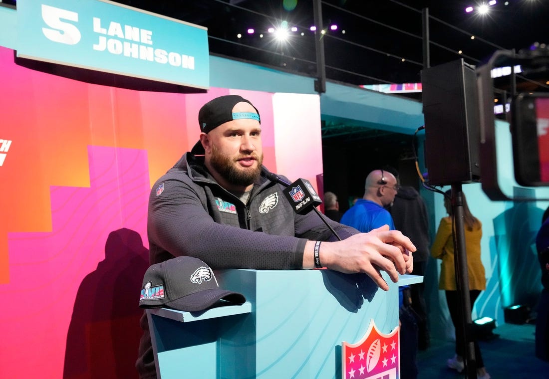 Philadelphia Eagles offensive tackle Lane Johnson answers questions at the Footprint Center in downtown Phoenix during the NFL's Super Bowl Opening Night on Feb. 6, 2023.

Nfl Super Bowl Opening Night At Footprint Center