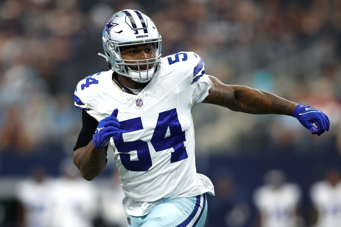 Aug 12, 2023; Arlington, Texas, USA; Dallas Cowboys defensive end Sam Williams (54) in game action in the first quarter against the Jacksonville Jaguars at AT&T Stadium. Mandatory Credit: Tim Heitman-USA TODAY Sports