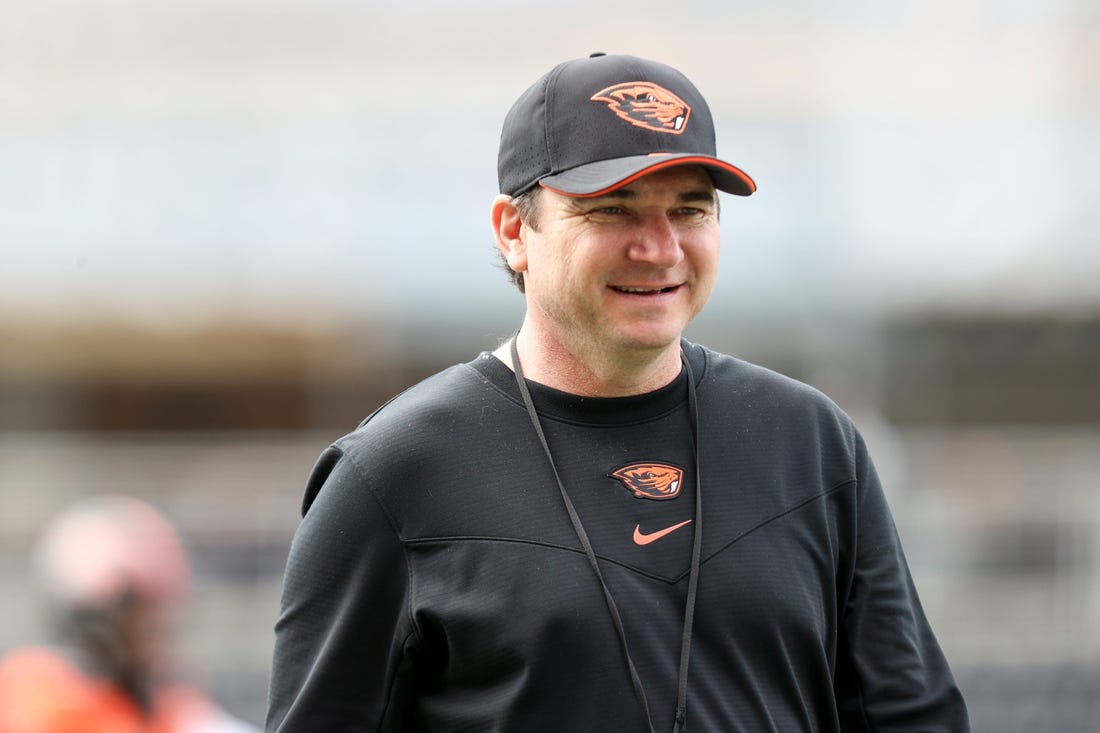 Oregon State head coach Jonathan Smith walks the field before the spring showcase at Reser Stadium, Saturday, April 22, 2023, in Corvallis, Ore.

Oregon State Spring Game597