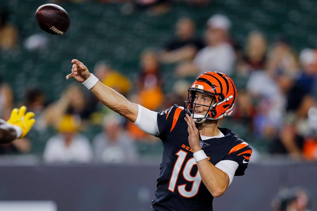 Aug 11, 2023; Cincinnati, Ohio, USA; Cincinnati Bengals quarterback Trevor Siemian (19) throws a pass against the Green Bay Packers in the second half at Paycor Stadium. Mandatory Credit: Katie Stratman-USA TODAY Sports