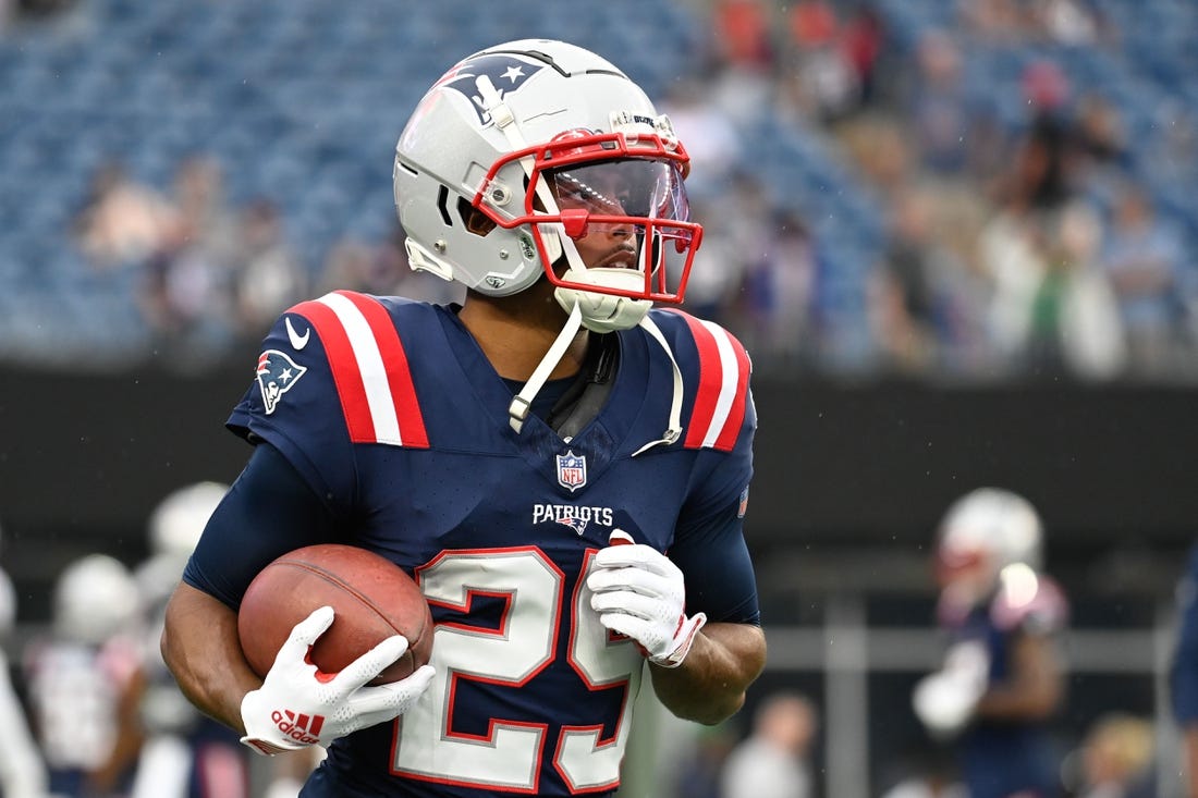 Aug 10, 2023; Foxborough, Massachusetts, USA; New England Patriots cornerback Marcus Jones (25) warms up before a game against the Houston Texans at Gillette Stadium. Mandatory Credit: Eric Canha-USA TODAY Sports