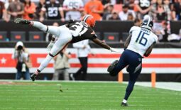 Sep 24, 2023; Cleveland, Ohio, USA; Cleveland Browns cornerback Denzel Ward (21) leaps to defend a pass to Tennessee Titans wide receiver Treylon Burks (16) during the second half at Cleveland Browns Stadium. Mandatory Credit: Ken Blaze-USA TODAY Sports