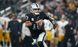 Sep 24, 2023; Paradise, Nevada, USA; Las Vegas Raiders quarterback Jimmy Garoppolo (10) throws the ball against the Pittsburgh Steelers in the second half at Allegiant Stadium. Mandatory Credit: Kirby Lee-USA TODAY Sports