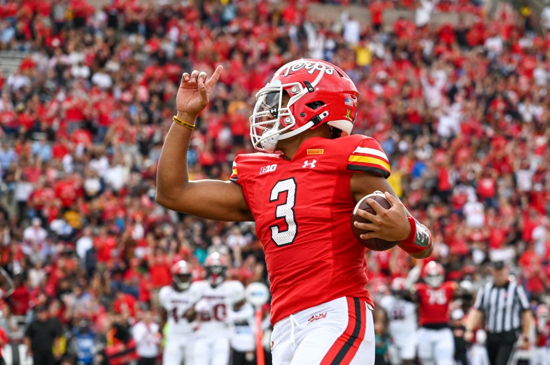 Sep 30, 2023; College Park, Maryland, USA; Maryland Terrapins quarterback Taulia Tagovailoa (3) reacts after running for a touchdown during the first half against the Indiana Hoosiers  at SECU Stadium. Mandatory Credit: Tommy Gilligan-USA TODAY Sports
