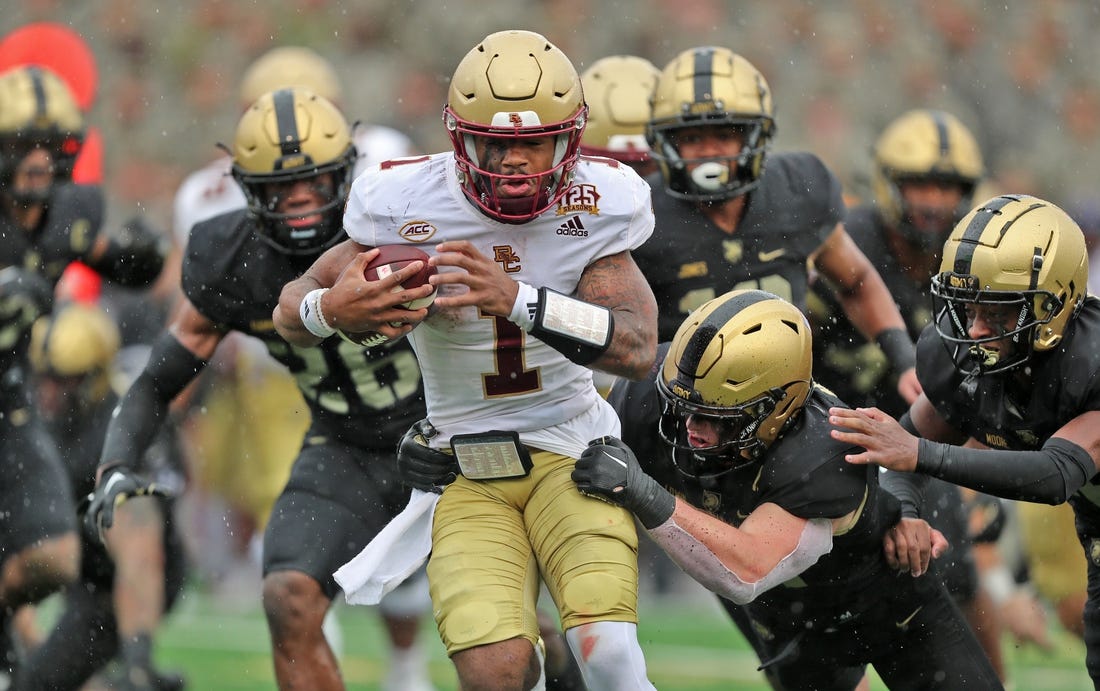 Oct 7, 2023; West Point, New York, USA; Boston College Eagles quarterback Thomas Castellanos (1) carries the ball against the Army Black Knights during the second half at Michie Stadium. Mandatory Credit: Danny Wild-USA TODAY Sports