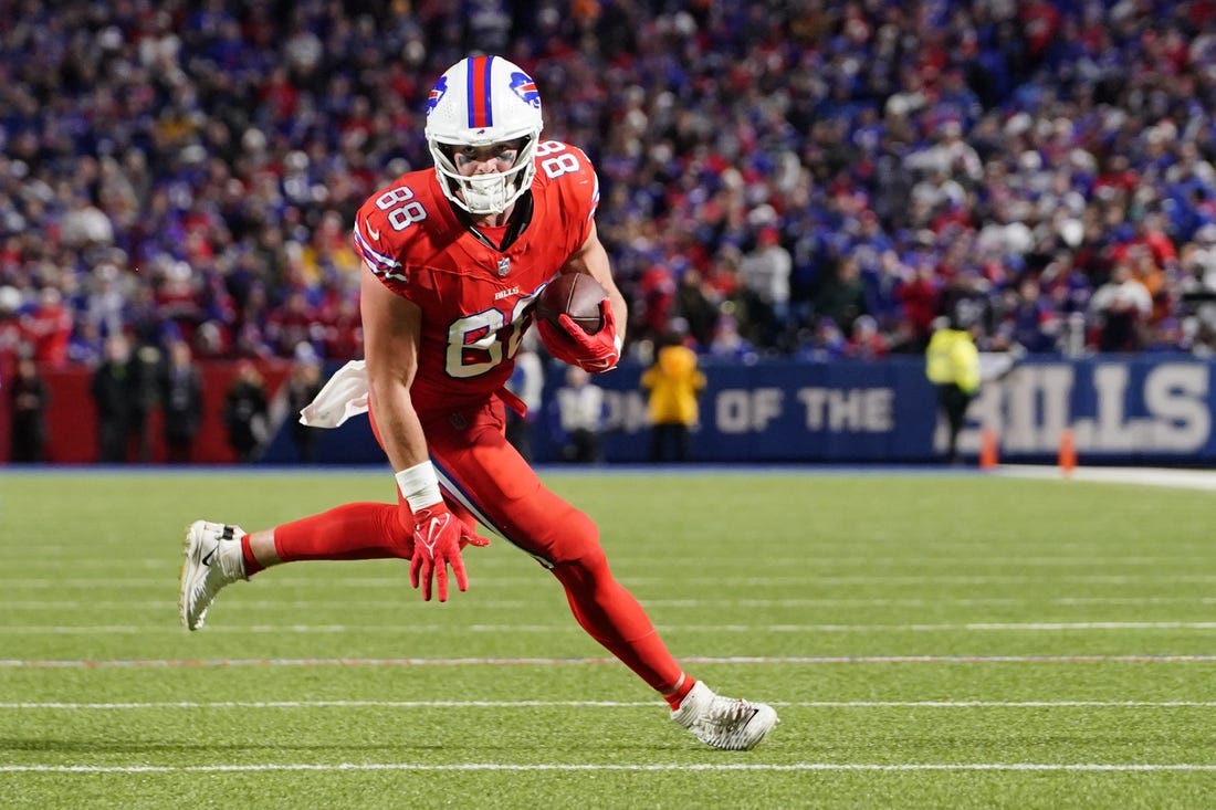 Oct 15, 2023; Orchard Park, New York, USA; Buffalo Bills tight end Dawson Knox (88) runs with the ball after making a catch against the New York Giants during the second half at Highmark Stadium. Mandatory Credit: Gregory Fisher-USA TODAY Sports