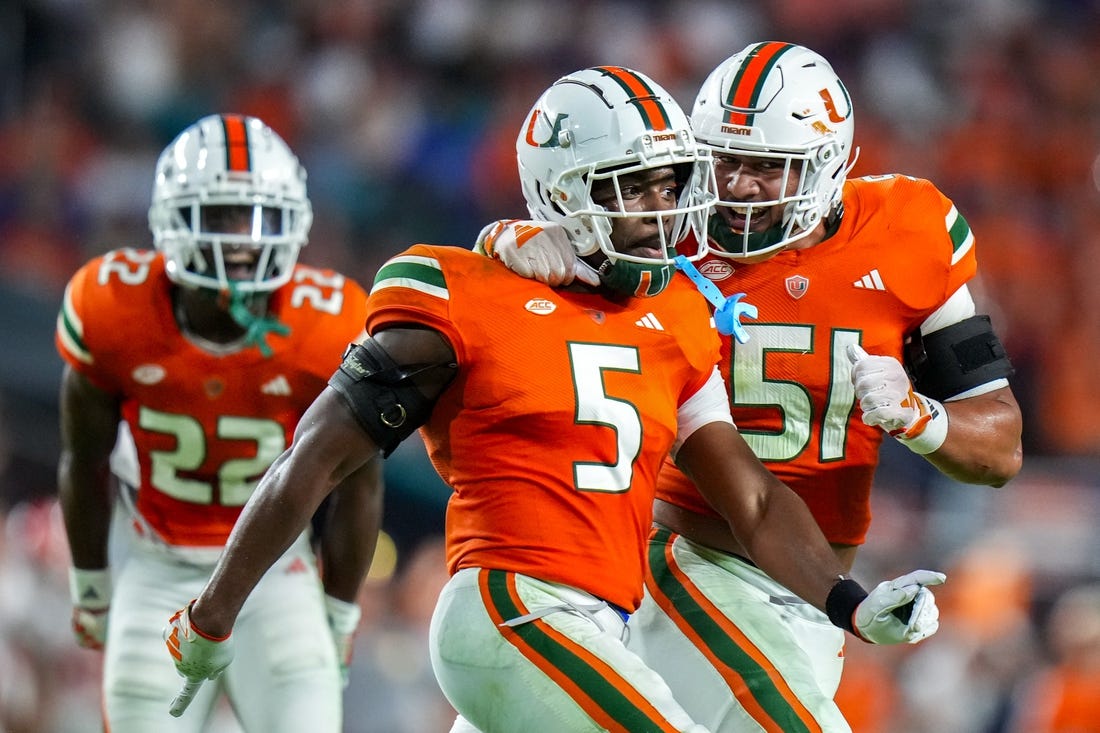 Oct 21, 2023; Miami Gardens, Florida, USA; Miami Hurricanes safety Kamren Kinchens (5) celebrates with teammates after catching a interception against the Clemson Tigers during the second quarter at Hard Rock Stadium. Mandatory Credit: Rich Storry-USA TODAY Sports