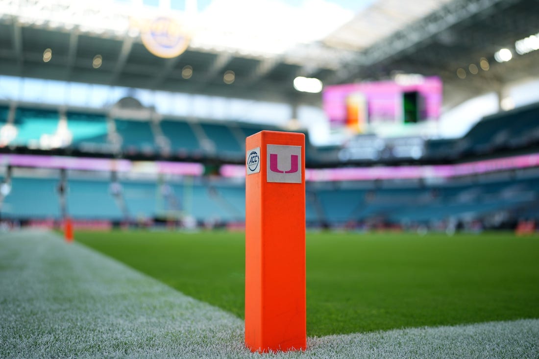 Oct 7, 2023; Miami Gardens, Florida, USA; A general view of an end zone pylon prior to the game between the Miami Hurricanes and the Georgia Tech Yellow Jackets at Hard Rock Stadium. Mandatory Credit: Jasen Vinlove-USA TODAY Sports