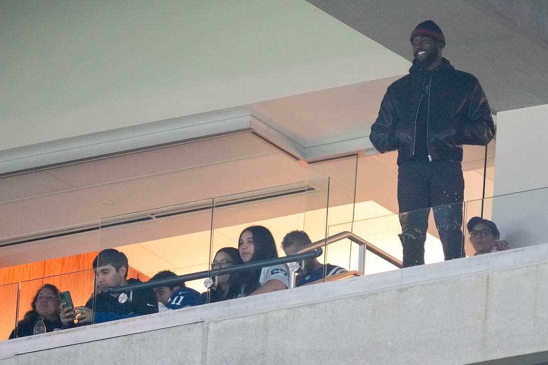 Former Indianapolis Colts linebacker Shaquille Leonard watches the game from a suite Sunday, Nov. 26, 2023, during a game against the Tampa Bay Buccaneers at Lucas Oil Stadium in Indianapolis.