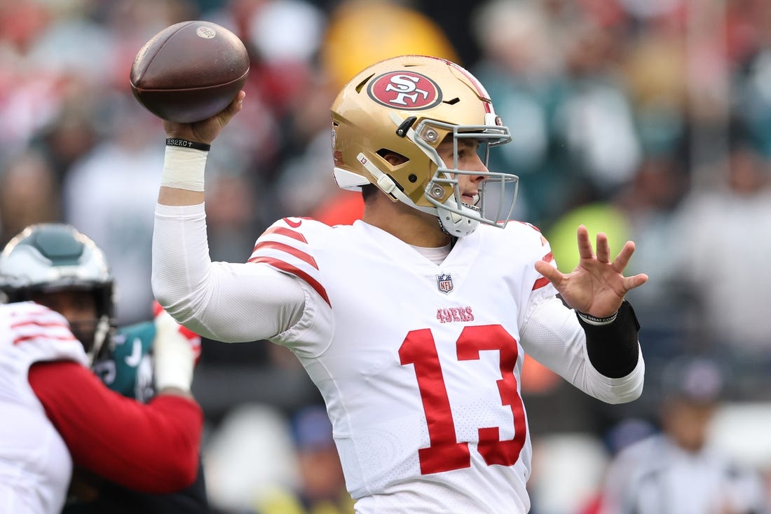 49ers quarterback Brock Purdy lasted only eight minutes in the NFC Championship Game at Philadelphia in January due to an elbow injury. San Francisco returns to Lincoln Financial Field on Sunday. Mandatory Credit: Bill Streicher-USA TODAY Sports