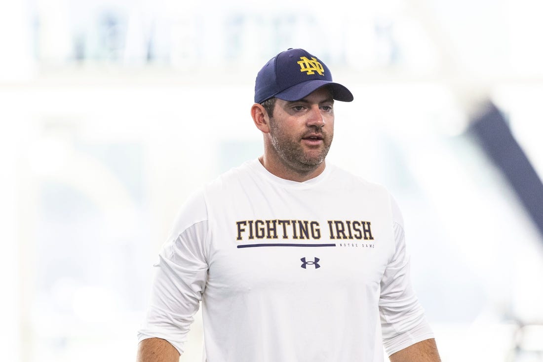 Notre Dame offensive coordinator Gerad Parker during Notre Dame Fall Camp on Wednesday, July 26, 2023, at Irish Athletics Center in South Bend, Indiana.