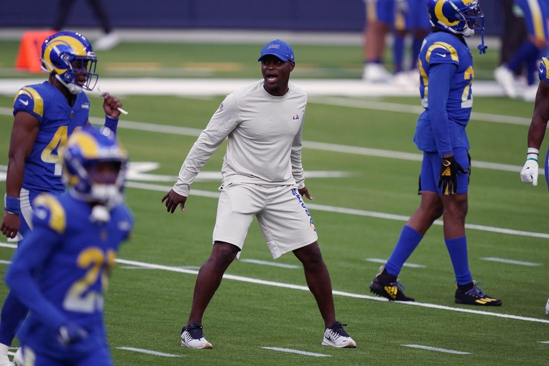 Aug 22, 2020; Inglewood California, USA; Los Angeles Rams safety coach Ejiro Evero  during a scrimmage at SoFi Stadium. Mandatory Credit: Kirby Lee-USA TODAY Sports