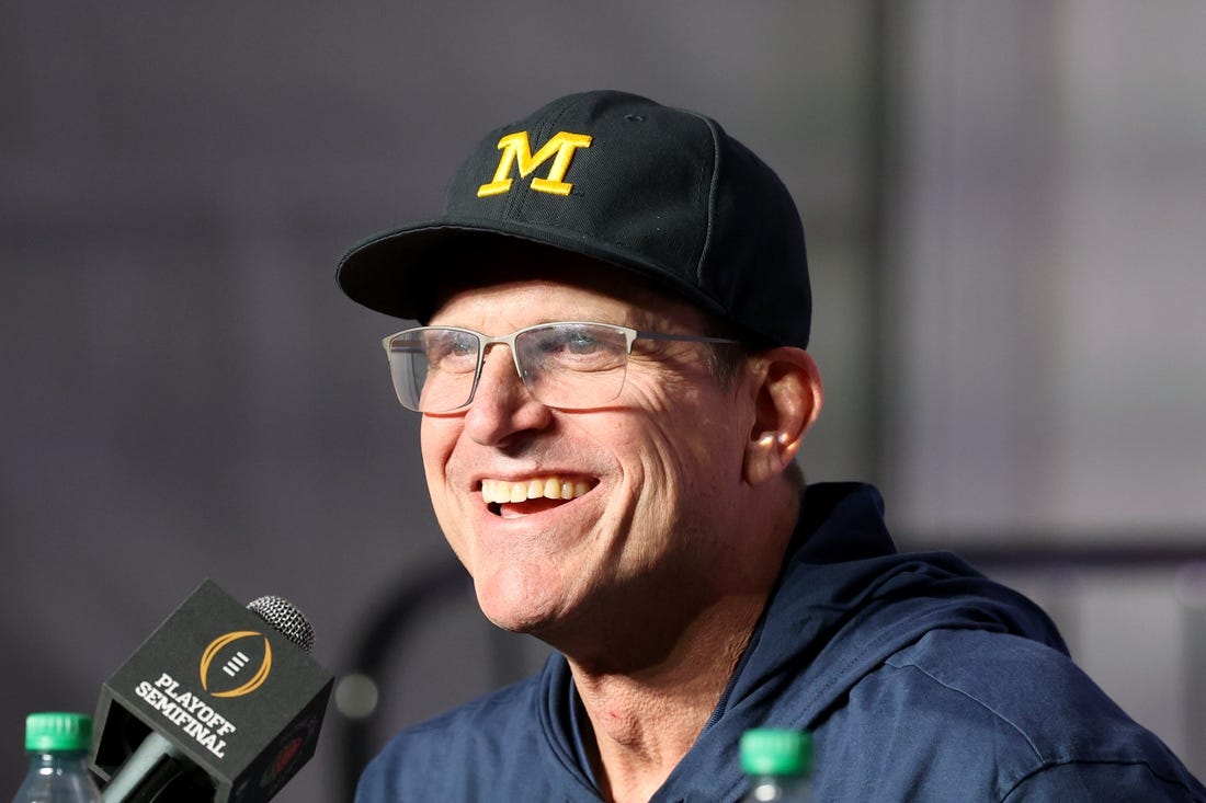 Jan 1, 2024; Pasadena, CA, USA; Michigan Wolverines head coach Jim Harbaugh speaks in a press conference after defeating the Alabama Crimson Tide in the 2024 Rose Bowl college football playoff semifinal game at Rose Bowl.  Mandatory Credit: Kiyoshi Mio-USA TODAY Sports