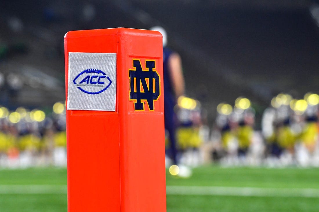 Nov 7, 2020; South Bend, Indiana, USA; An end zone pylon has the Notre Dame and ACC logos in at Notre Dame Stadium before the game between the Notre Dame Fighting Irish and the Clemson Tigers. Notre Dame is playing in the ACC in the 2020 season. Notre Dame defeated Clemson 47-40 in two overtimes. Mandatory Credit: Matt Cashore-USA TODAY Sports