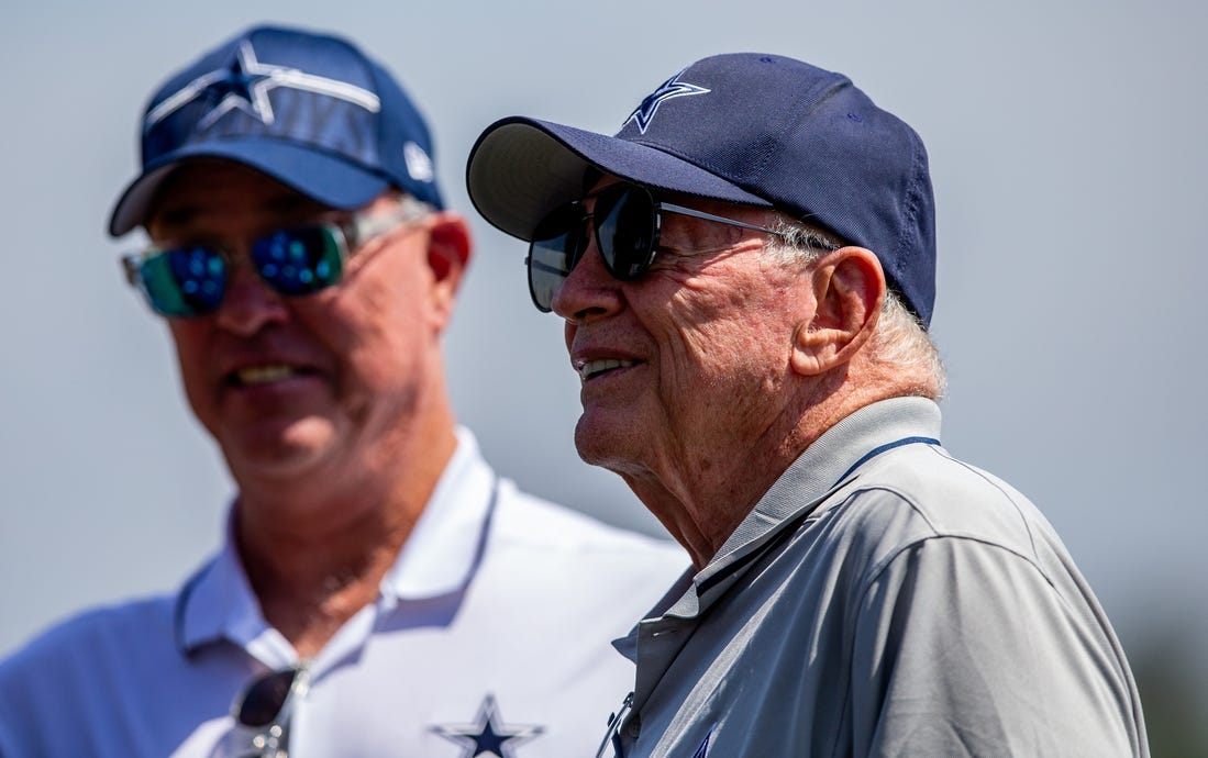 Jul 31, 2023; Oxnard, CA, USA; Dallas Cowboys owner Jerry Jones and chief operating officer Stephen Jones (left) during training camp at the Marriott Residence Inn-River Ridge playing fields. Mandatory Credit: Jason Parkhurst-USA TODAY Sports