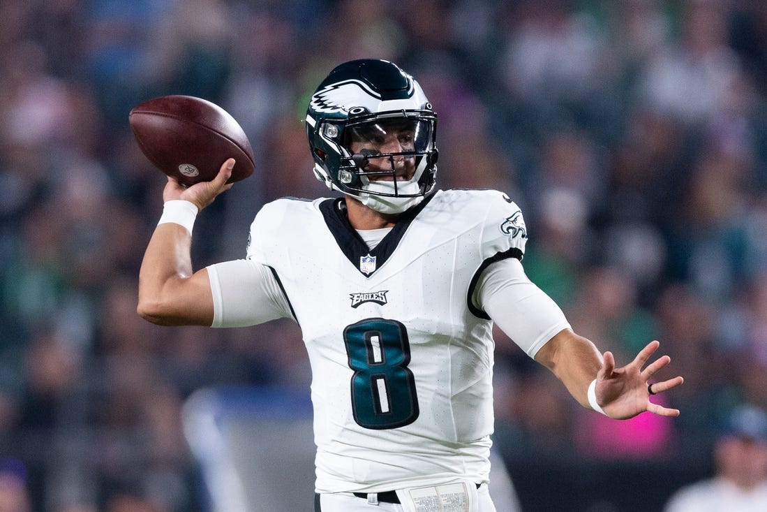 Aug 24, 2023; Philadelphia, Pennsylvania, USA; Philadelphia Eagles quarterback Marcus Mariota (8) passes the ball against the Indianapolis Colts during the first quarter at Lincoln Financial Field. Mandatory Credit: Bill Streicher-USA TODAY Sports