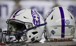 Sep 3, 2022; Waco, Texas, USA; A view of the helmets of the Albany Great Danes during the game between the Baylor Bears and the Albany Great Danes at McLane Stadium. Mandatory Credit: Jerome Miron-USA TODAY Sports